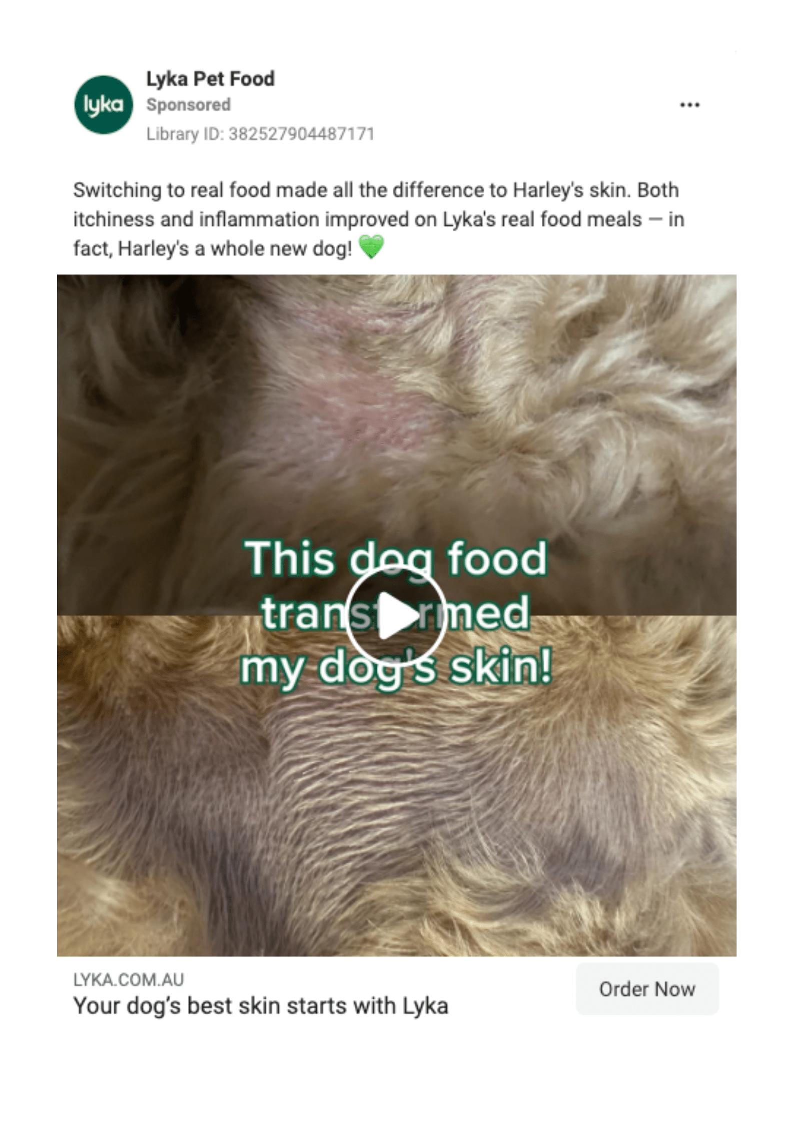 Lyka Pet Food Facebook ad with video in centre